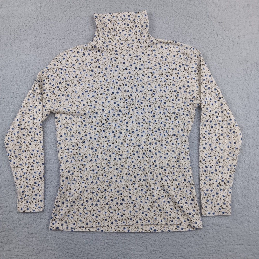 Bobbie Brooks Turtleneck Top Women M Cream Blue Floral Ribbed Knit Long Sleeve